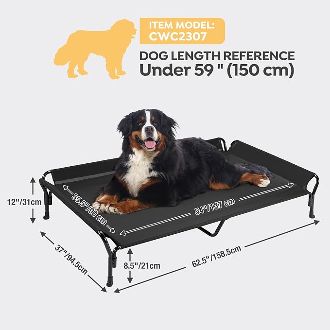 Veehoo Cooling Elevated Dog Bed, Raised Dog Cot with Guardrail & Headrest | Washable Dog Couch Bed for Indoor & Outdoor, Durable Breathable Teslin Mesh, Non-Slip Feet, XX Large, 63" x 37", Black
