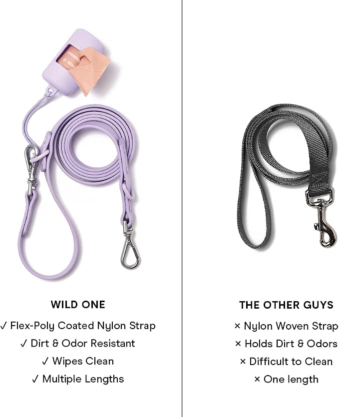Wild One Nylon Adjustable Length Leash 5.5 Feet and Poop Bag Carrier Set, Waterproof, Odor Resistant, Lilac