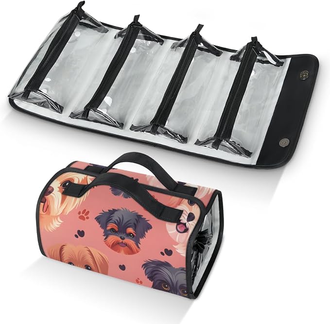 Dogs Makeup Bag for Women Hanging Roll-Up Travel Organizer Toiletry Kit with 4 Removable Compartments, Cute