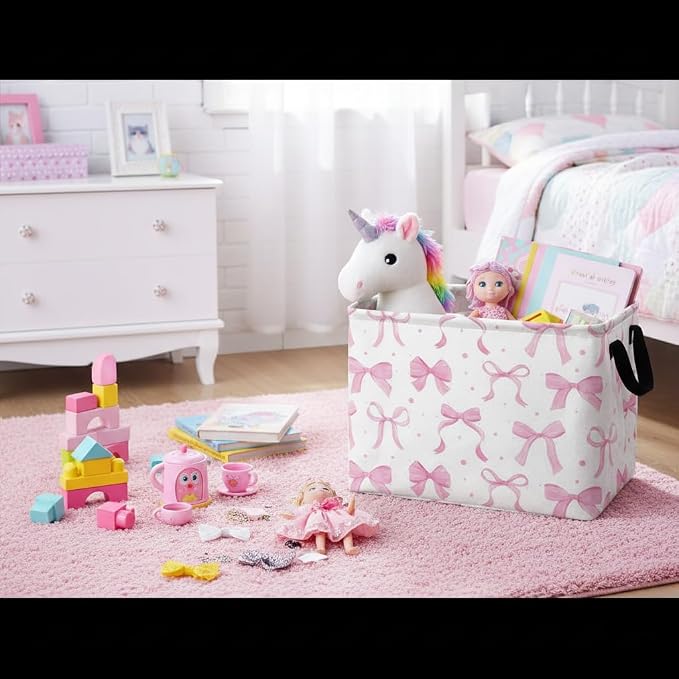 Rectangular Kids Basket Baby Girl Basket Fabric Storage Bin Organizer Box Room Decor(Dreamy Bowknot)