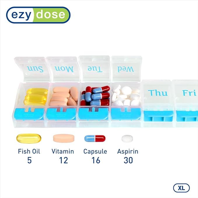 Ezy Dose Weekly (7-Day) Pill Organizer, X-Large Medicine Case, Blue/Clear | Daily Vitamin & Supplement Planner, Spacious Push-Button Compartments, Convenient & Easy to Use, Travel-Friendly, BPA-Free