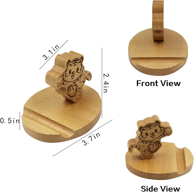 Cute Tiger Wooden Smartphone Desk Holder for All Mobile Phones with Anti-Slip Base and Groove for Phone