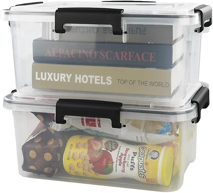 4-pack 10 Liter Clear Plastic Storage Box with Latch Clip/Seal Lid | Food Storage Containers, Latching Bin with Lid, Stackable, Durable