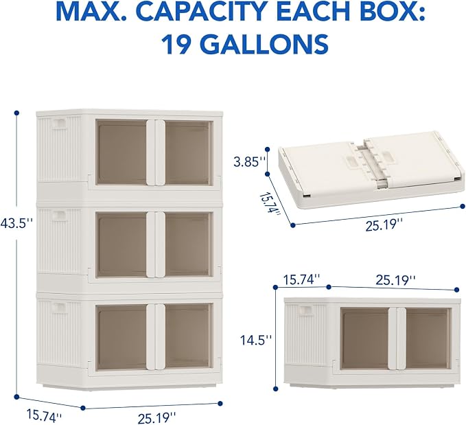 FLEXIMOUNTS 228 QT Stackable Plastic Storage Bins With Lids, Milky White | Collapsible Foldable Storage Bins with Front Doors and Built-in Wheels, Organizers and Storage for Home, Dorm, 3 Pack Cubes