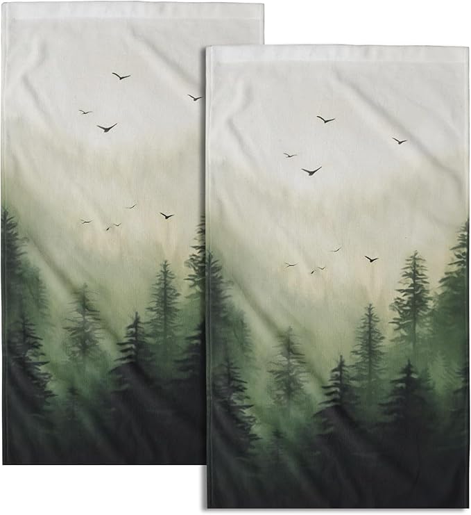 Giwawa Green Misty Forest Hand Towels Set of 2 Mountain Woodland Soft Guest Face Bath Towel Bathroom Decorations Thin Kitchen Tea Dish Towels