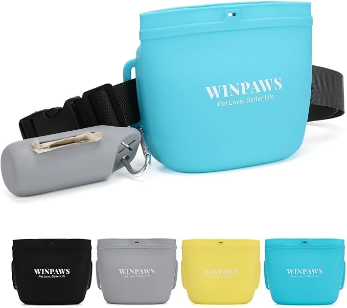 Silicone Dog Treat Pouch with Poop Bag Holder,Waterproof Magnetic Close Sealable Fanny Pack with Adjustable Waist Belt, Pet Puppy Training Essentials, One-Handed Opening with Press & Magnetic (Blue)