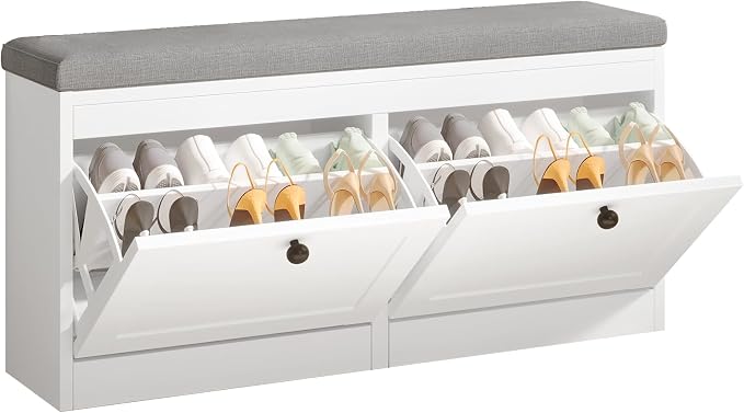 VOWNER Shoe Bench with 2 Flip Drawers, Shoe Organizer Storage Bench with Adjustable Shelves for Entryway, Hallway, Living Room (White)