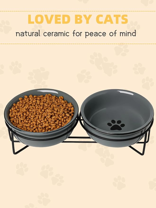 GDCZ Ceramics Raised Cat Bowls with Heighten Metal Stand,15 Ounces (Grey)