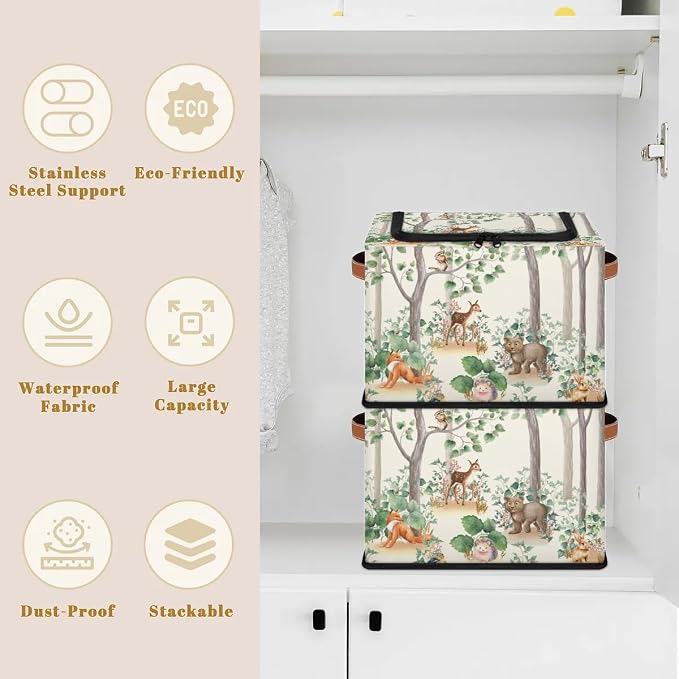 Woodland Wildlife Storage Basket - Cute Animals Party Bin Collapsible Organizer with Zipper Lid, Kid Rectangular Decorative Box with Handles, Nursery Toy Organization for Kids Bedroom Decor, 24L