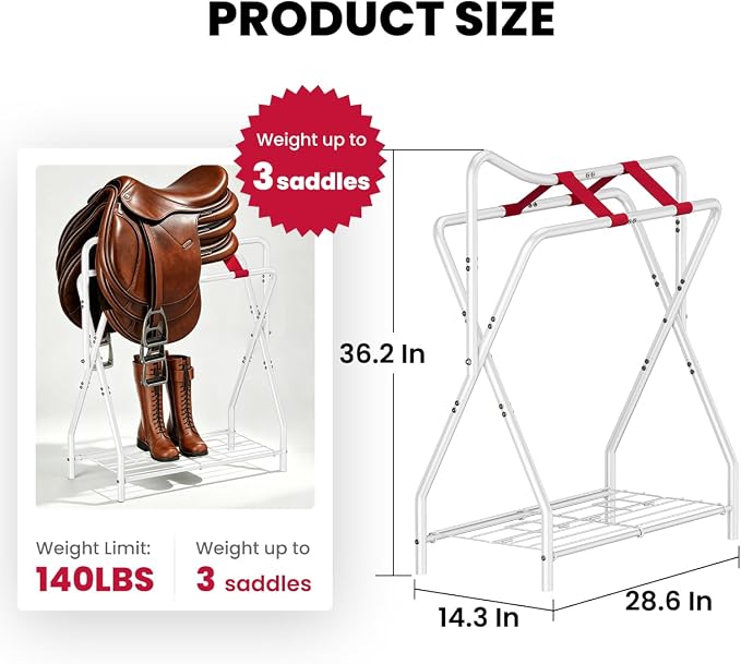 Portable Saddle Rack for English and Western Saddles, Folding Horse Saddle Stand with Bottom Storage for Horse Stable Equipment, Saddle Pad Rack, White | Portable, High-grade Steel