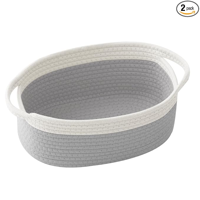 Small Woven Rope Basket with Handles, White&Grey | Empty Gifts Basket with Bag and Ribbons, Cute Handle Organizer Box, Birthday/Baby Shower, Toy Storage