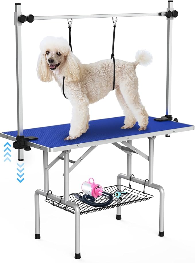 42'' Foldable Dog Grooming Table with Arms/Nooses/Mesh Tray, Blue | Stainless Steel Grooming Table for Dogs at Home, Adjustable Pet Bathing Station, Non-Slip Waterproof Tabletop, Capacity 330Lb