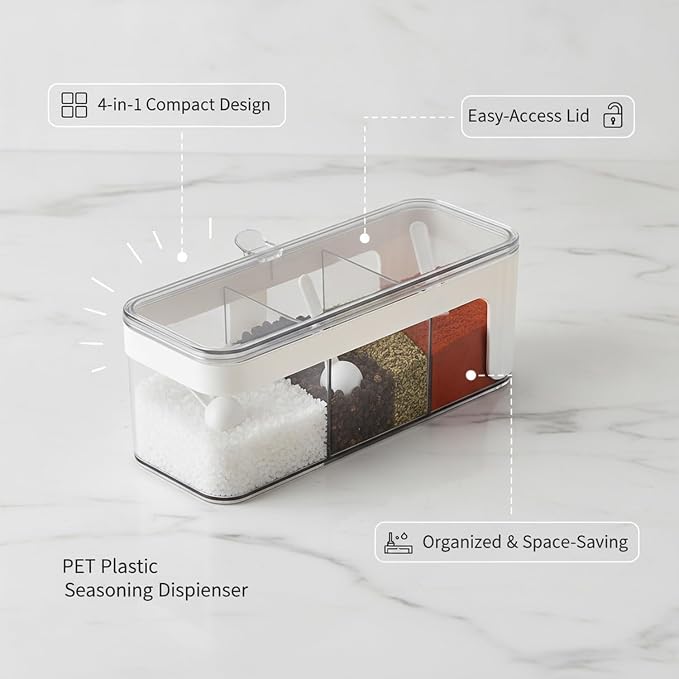 Fits Kitchen Countertops: 4-Section Spice Organizer, Durable PET Plastic Seasoning Caddy for Salt, Pepper, and Dry Herbs, Compact 13-Inch Storage Box