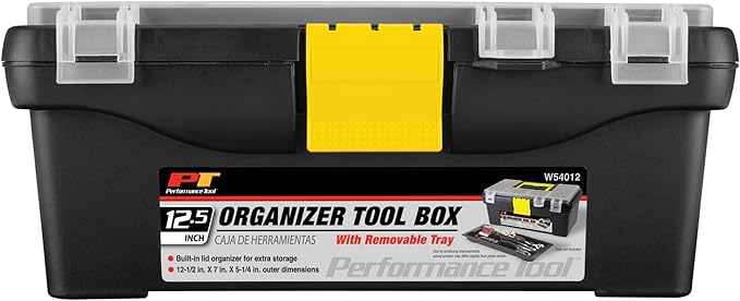 Performance Tool W54012 Heavy Duty Plastic Organizer Tool Box for Workshops and Garages, Black, 12.5-Inch | Tool organizer with ergonomic comfort handle. Plastic portable tool carrying case for hobbies and more