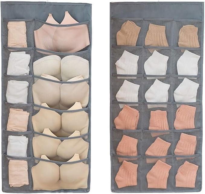 Closet Hanging Organizer with Mesh Pockets & Rotating Metal Hanger,Dual Sided Wall Shelf Wardrobe Storage Bags,Oxford Cloth Space Saver Bag for Bra Underwear Underpants Socks (gray)