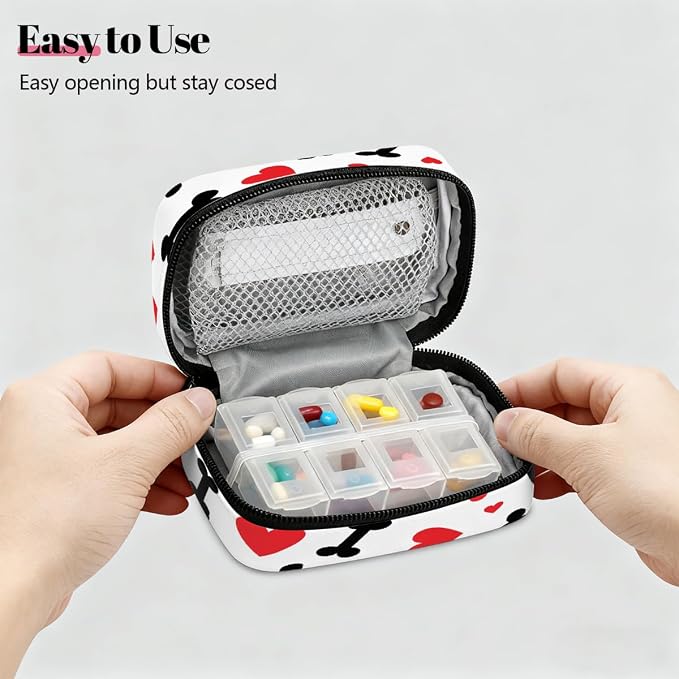 Weekly Pill Organizer Travel Size Bag with Removable 7 Day Pill Box Portable Vitamin Case Purse with Zipper,Hearts Bones White