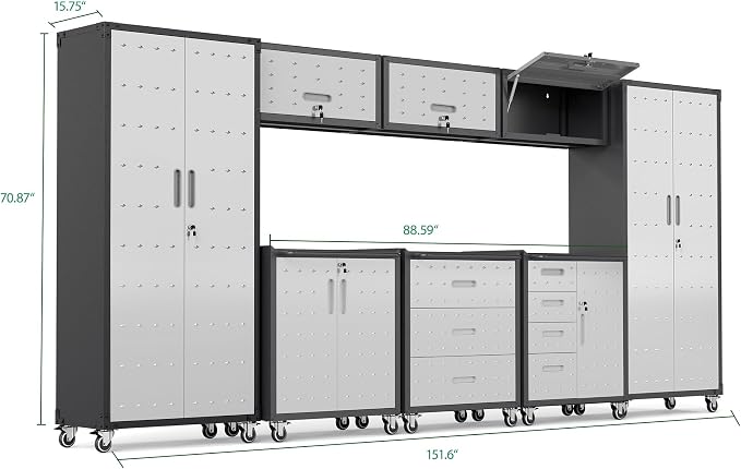 Garage Cabinet System | Heavy Duty Steel All-in-One Modular Garage Cabinet Set for Ultimate Workshop Organization | Easy Assembly Garage Storage Cabinets & Tool Bench