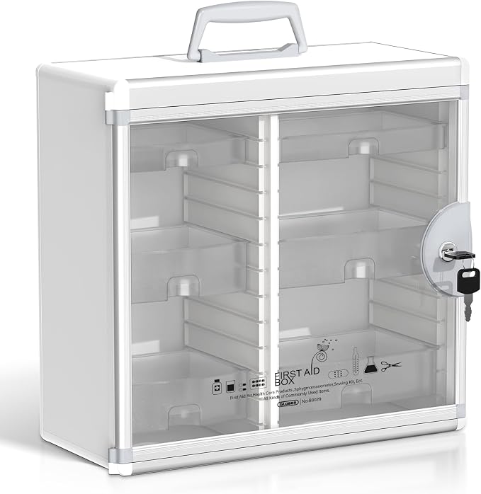 Lockable Medicine Cabinet with 6 Removable Trays, Wall Mounted & Portable Locking Medicine Cabinet Organizer with Key Lock for Home, Bathroom, Office - Aluminum Frame(15.63 * 6.5 * 15.43Inch)