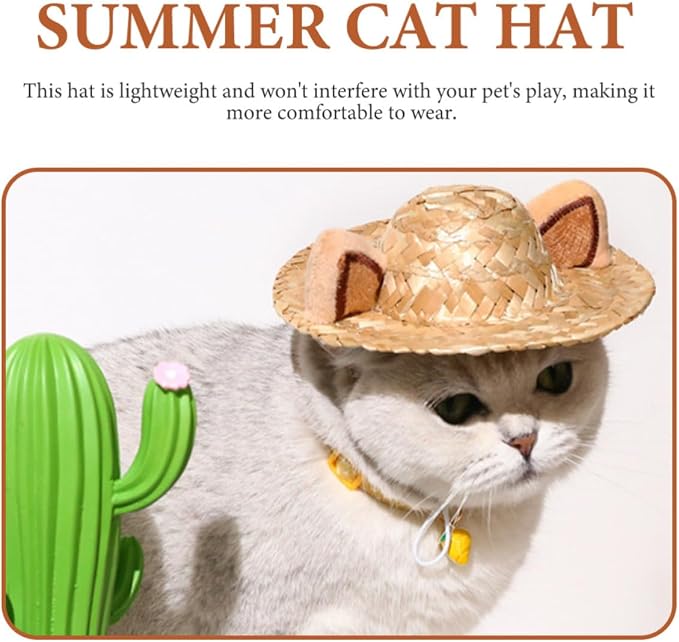 Adorable Summer Cat Hat with Ear Design, Straw, 13cm | Decorative Pet Headwear for Cats, Khaki Creative Style, Safe Comfortable Fit, Halloween Party or Holiday Use