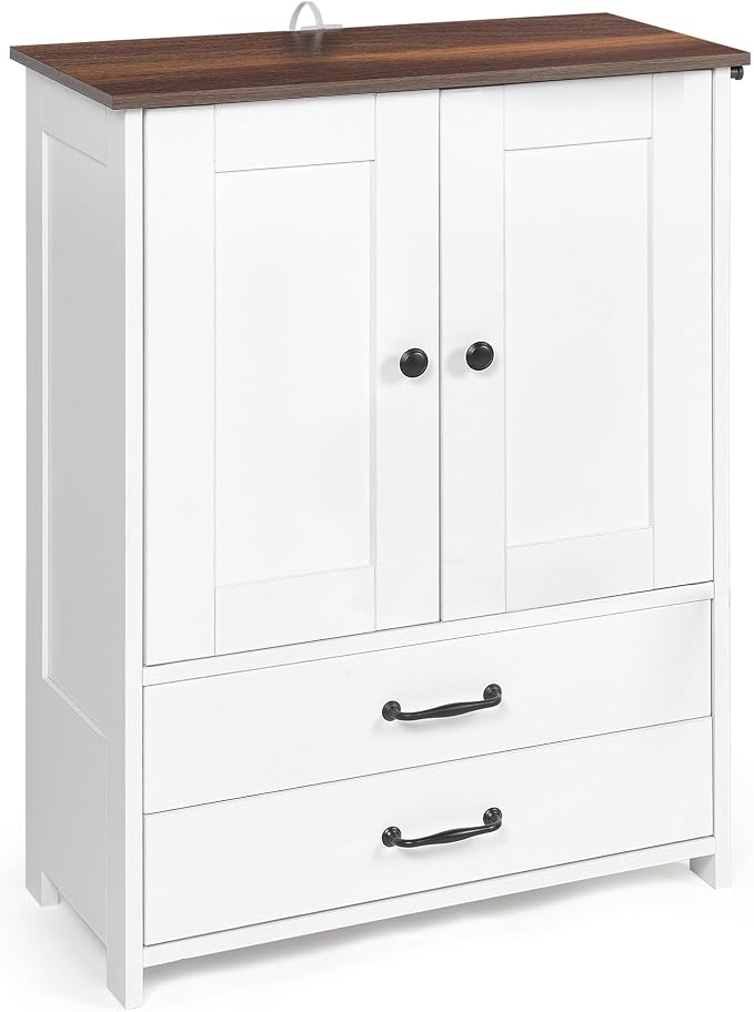 Dog Feeding Station with Double Door Cabinet, Adjustable Dog Bowls for Small Medium Large Dogs, Pet Food Storage Cabinet with 3 Side Hooks for Leashes and Collars, White