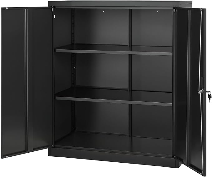VEVOR Metal Storage Cabinet, 41.7 in Steel Garage Cabinet with 2 Adjustable Shelves, 2 Magnetic Doors & 2 Keys, 3 Tiers Lockable Tool Storage for Pantry, Warehouse, Basement, Office, Black