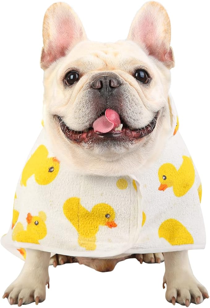 HDE Dog Bathrobe Super Absorbent Quick Drying Puppy Towel Wrap Coat Adjustable After Bath Robes with Hood for Dog Sizes S-XXL White Rubber Ducks M
