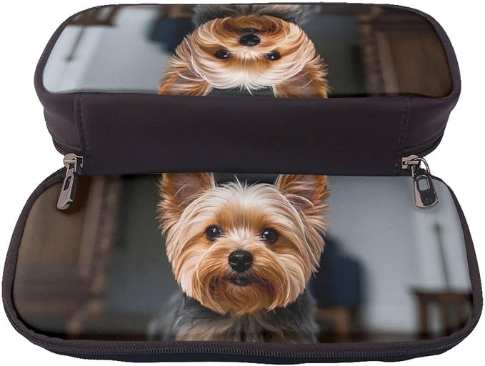 Leather Pen Case with Zipper - Aesthetic Pen Holder Cute Pet Yorkie Pencil Case for Women & Men - Handcrafted Pencil Bag Multi-Functional Travel Cosmetic Case for Work Office Tool Pouch