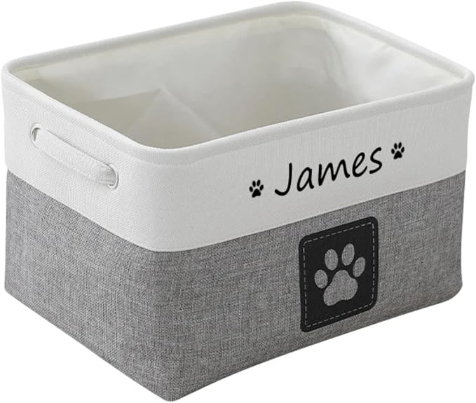 Custom Name Pet Dog Toys Basket/Bin, Paw Custom Personalized Logo Cat Clothes Box Accessories Organize Storage Bin, 4 Patterns Round Paw, Classic Paw, Heart or Name Only (Gray)