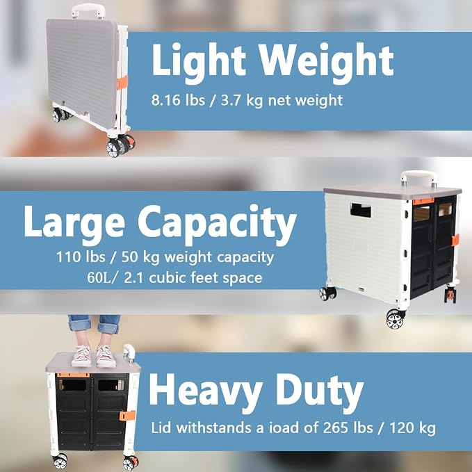FELICON SELORSS Foldable Utility Cart Folding Portable Rolling Crate-White | Durable,Heavy Duty,Plastic Box,Telescoping Handle,4 Rotate Wheels,Collapsible Handcart for Travel Shop Move Luggage Office