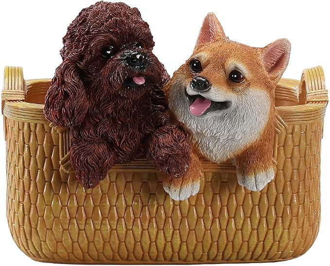 Catchall Bowl Poodle & Shiba Inu Statue - Decorative Entryway Key Holder & Candy Dish - Cute Double Dog Figurine Organizer for Desk & Room Decor - Pet Lover Housewarming Gift