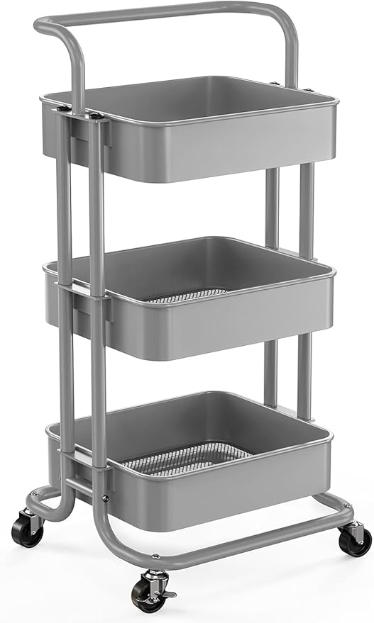 Pipishell Metal 3 Tier Rolling Cart with Handle & 2 Lockable Wheels, Gray | Four Large 2" Wheels for Easy Motion, Sturdy Metal, Hold 22 lbs per Shelf, Ideal for Nursery Room, Living Room, Painting Room