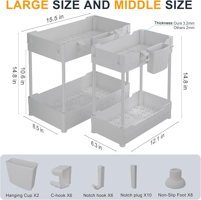 2-Pack Under Sink Organizer with Hooks & Hanging Cup for Kitchen | Multi-use kitchen & bathroom storage, 14.8 inch grey cabinet organizer, with hooks and hanging cup for easy access.