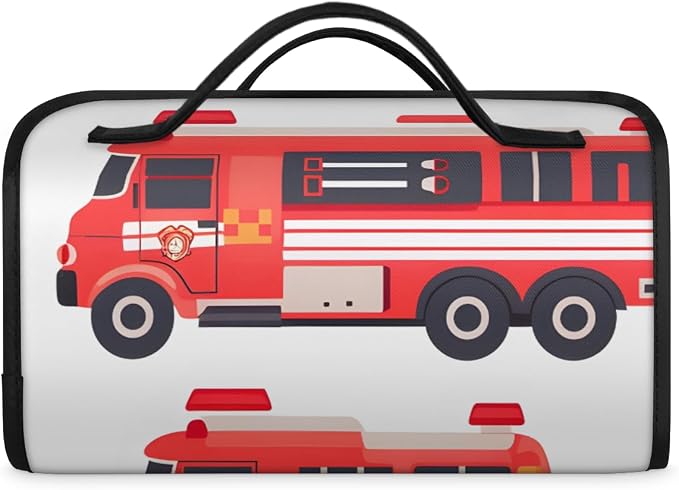 Fire Trucks Makeup Bag for Women Hanging Roll-Up Travel Organizer Toiletry Kit with 4 Removable Compartments, Car