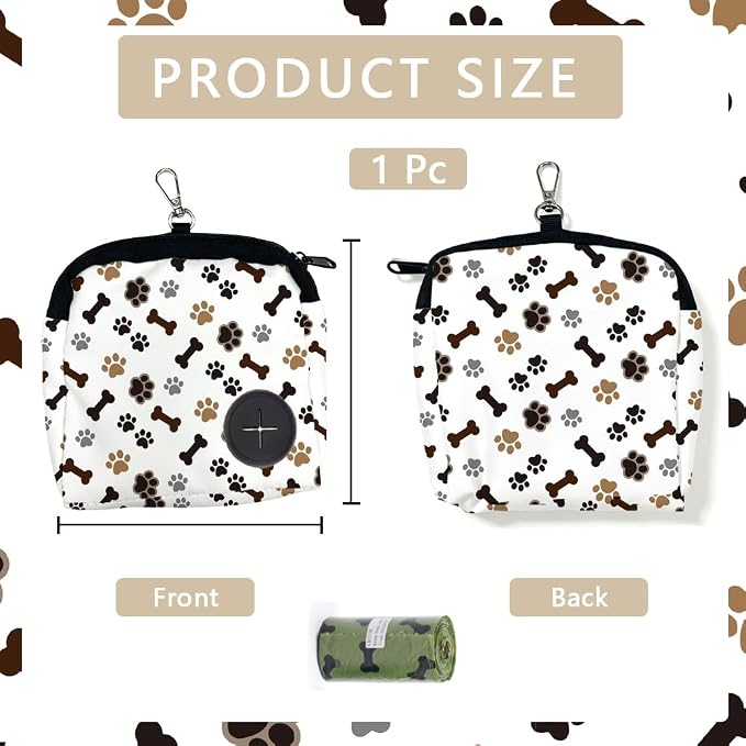 Dog Training Treat Pouch 5.12 x 4.72 Inch Clip on Pet Treat Bag Paw Print Pattern Polyester Portable Snack Reward Dog Food Dispensers with 1 Roll Garbage Bags for Traveling Outdoor Use