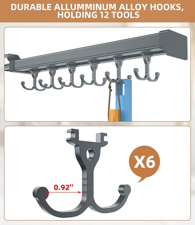 Pull Out Broom Holder With Adjustable Double Row Sliding Hook -Grey 14.17in | High Load Capacity, Multifunctional Slide Broom And Mop Storage/Garage Organization Hooks, for Closet Laundry, kitchens