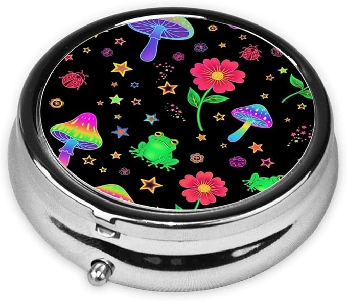 Mini Medicine Organizer, Round Pill Box Portable, 3-Section Case for Fish Oil, Travel Pill Container Purse Carry, Beautiful Magical Flowers Goth Moon Mushrooms Frogs