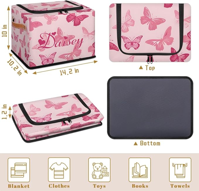 Custom Cute Butterfly Storage-Bin With Zipper Lid for Kids-Girls-Boys-Baby-Pet,Personalized Name Foldable Storage Box with Handle,Baby Basket With Label for Bedroom Nursery Toy Clothes,Pink