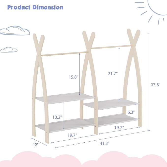 HedoAjim Kids Clothing Rack Dress Up Storage Closet for Girls Baby Garment Wardrobe Toddler Costume Closet with Double Hanging Rod Wood 2 Tier Bottom Storage Shelves (Double Tires)