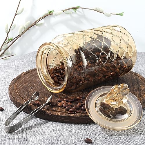 Joeyan 45 oz Amber Glass Storage Jar with Airtight Glass Lids, Vintage Embossed Food Container, Decorative Kitchen Canister Organizer for Candy, Flour, Coffee Bean, Pet Treats
