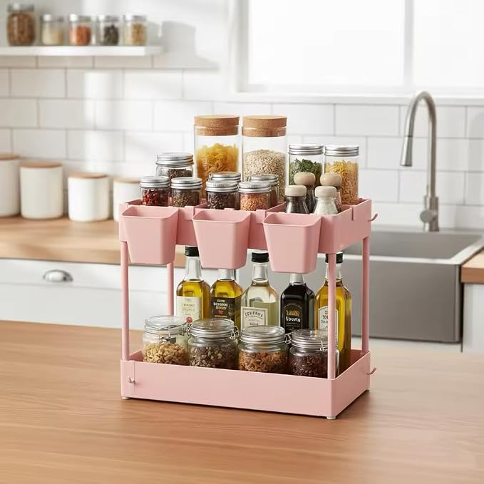danpinera Slim Storage Cart, 3 Tier Narrow Rolling Cart on Wheels Bathroom Organizer with Dividers Handle Hanging Cups Hooks for Laundry Room Kitchen Small Spaces, Pink