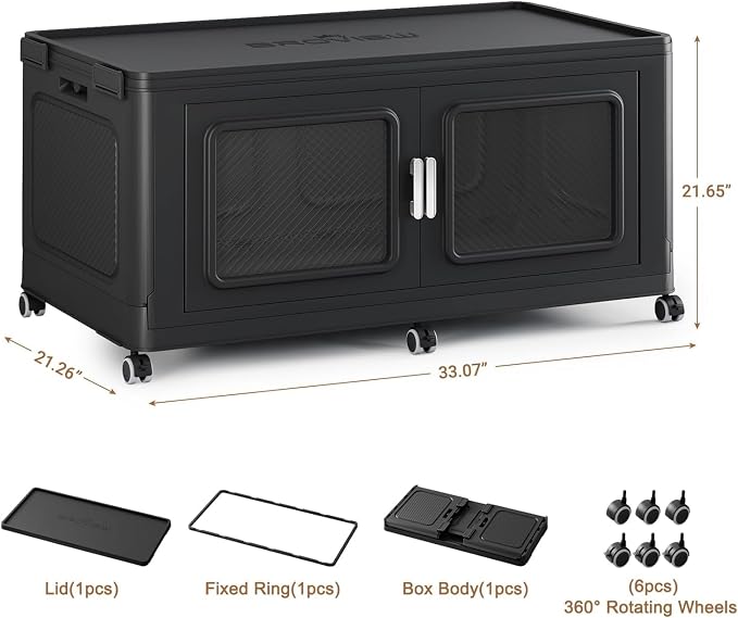 BROVIEW 220 Qt Extra Large Stackable Storage Bin with Lid, 1 Pack Black | 55Gal Extra Large, Collapsible Storage Boxes with 1 Lid, Folding& Rolling Plastic Drawer, Heavy-Duty Cabinet Organization