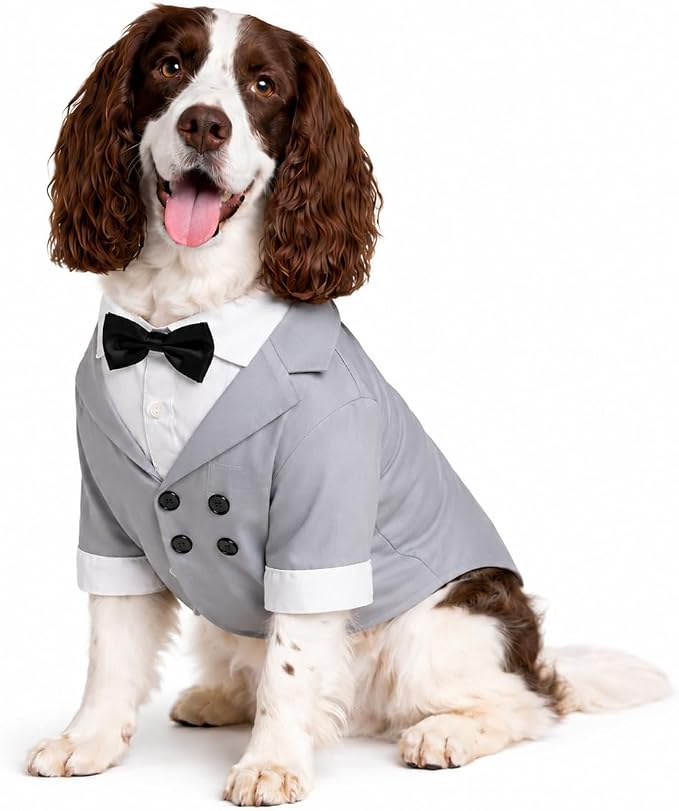 Lovelonglong Pet Costume Dog Suit Formal Tuxedo with Black Bow Tie for Large Dogs Labrador Gray L-L