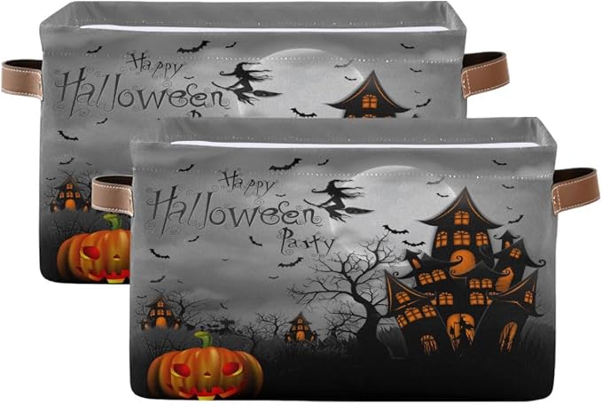 Halloween Spooky Witch Castle Storage Basket Fabric Kitchen Baskets Black Bat Ghost Pumpkin Open Home Storage Bins Boxes Foldable for Candy Toy Decorations Baskets 2 Pack 16×12×8 Inches