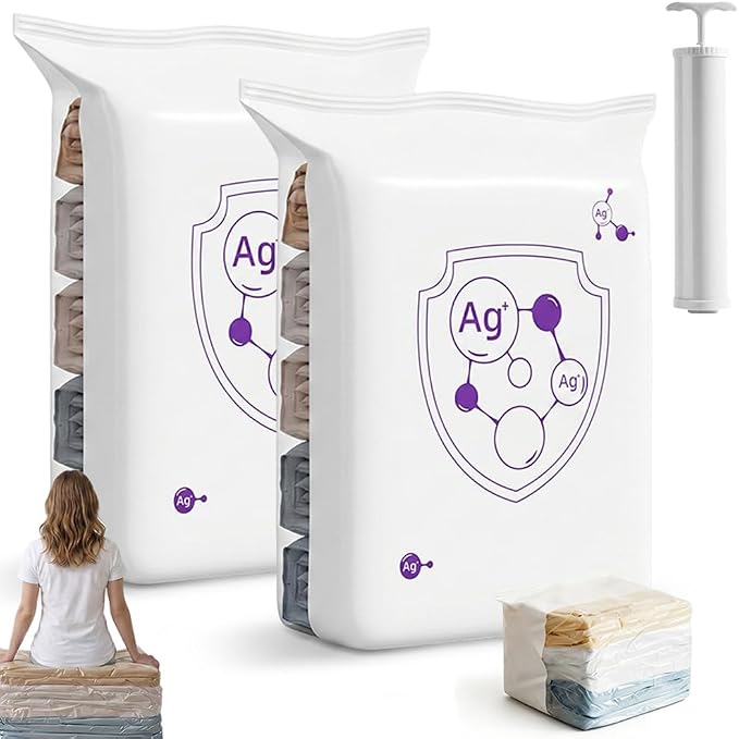 No‑Pump Vacuum Storage Bags, 2026 New Large Vacuum Storage Compression Bags, Reusable Vacuum Seal Bags for Clothing Travel, Space Saver Bags for Clothes, Blankets & Bedding (2Pcs/S:27.6*17.7*12.6in)