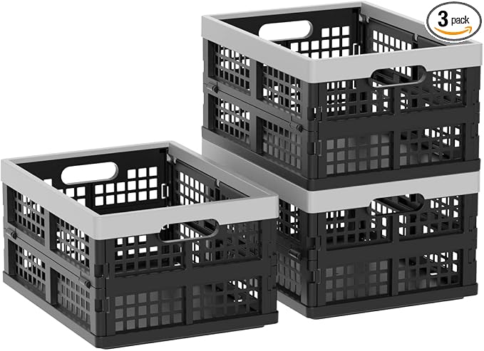 Gainhope 3-Pack 15 L Plastic Collapsible Storage Crate, Foldable Crates | Stackable Baskets for Shelf, Kitchen, Pantry