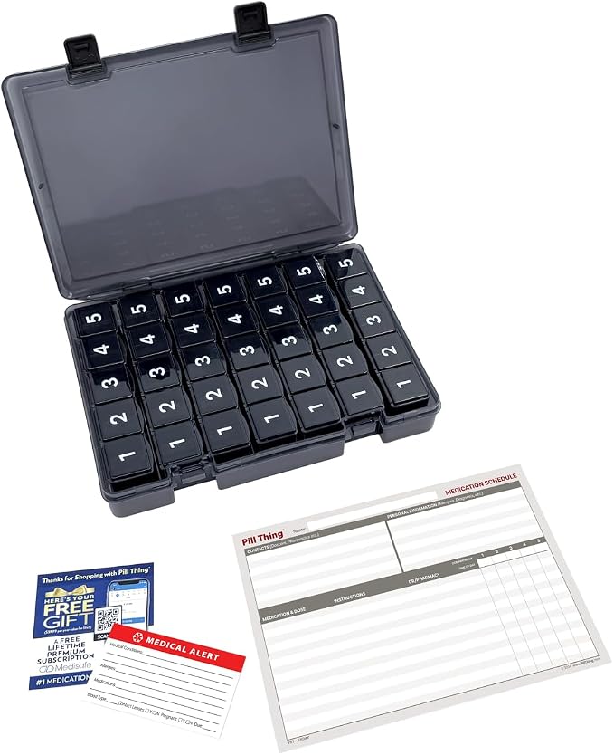 7-Day Weekly Pill Organizer with Secure Case, 5 Compartments Per Day, Removable Tray, Medication Schedule, Travel Pill Box-Complex Medication Routine (5 Time-a-Day - Black)