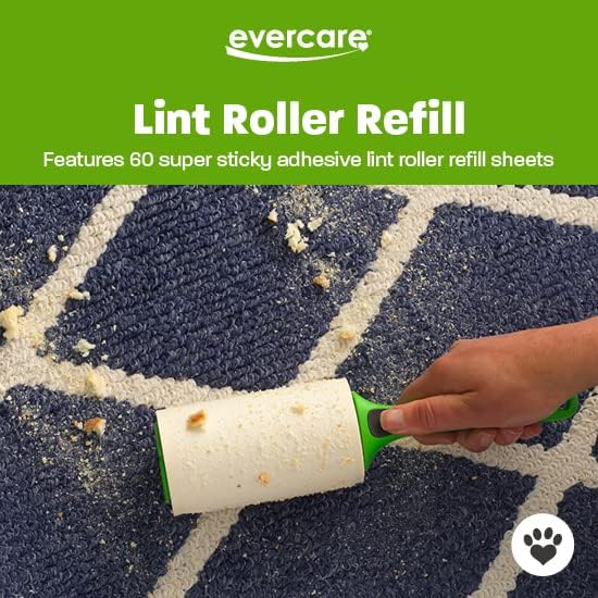 Evercare Pet Lint Roller Refill, Manual Operation, 60 Sheets per Roll, 6 Count Refill Pack for Pet Hair Removal, Green