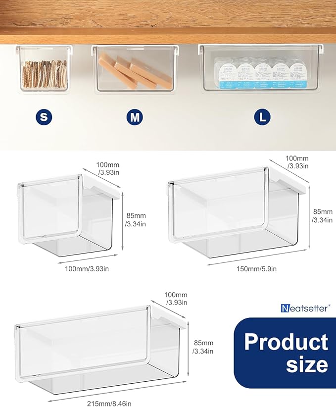 Hanging Cabinet Organizer – 33° Tilted Under Desk Drawer & Bathroom Storage – Self-Adhesive Clear Pull-Out Bins for Kitchen, Office & Vanity (Small)
