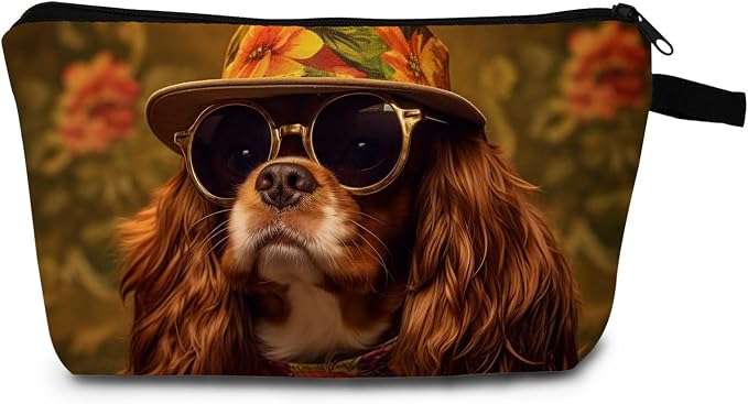Cavalier King Charles Spaniel Makeup Bag Adorable Dog with Straw Hat & Sunglasses Cute Cosmetic Pouch for Dog Lovers Travel Toiletry Organizer Gift for Pet Enthusiasts