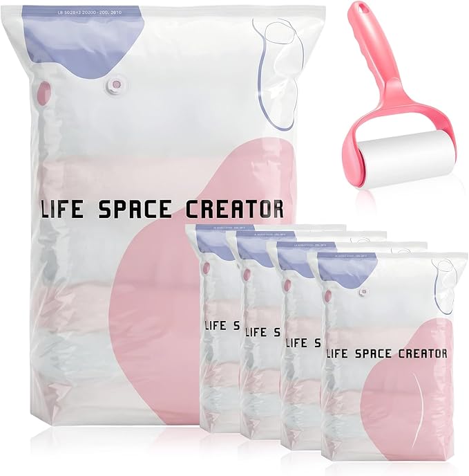 No‑pump Vacuum Storage Bags - 3-Sec Fast Compression, Heavy-Duty Travel Vacuum Bags Without Pump, Reusable Large Cube Vacuum Seal Bags, Press & Seal, Keeps Clothes Dry & Dust‑Free (L,4PCS)